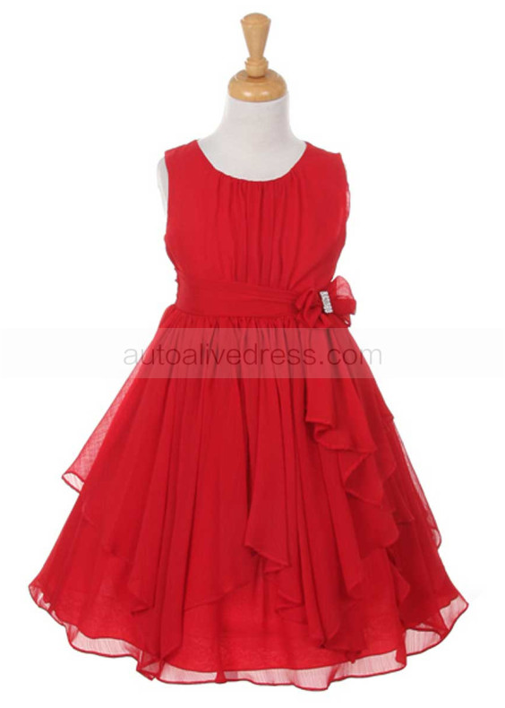 Pleated Chiffon Ruffle Knee Length Flower Girl Dress With Beaded Sash